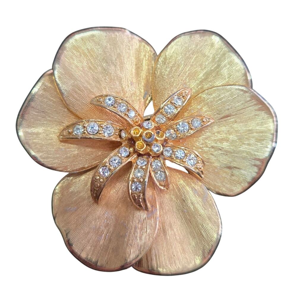 Vintage Goldtone Floral Rhinestone Brooch